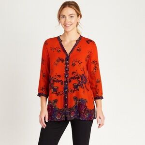 Jones New York Blouse Gold Buttons Paisley Tunic Moroccan Orange Top Shirt Sz L